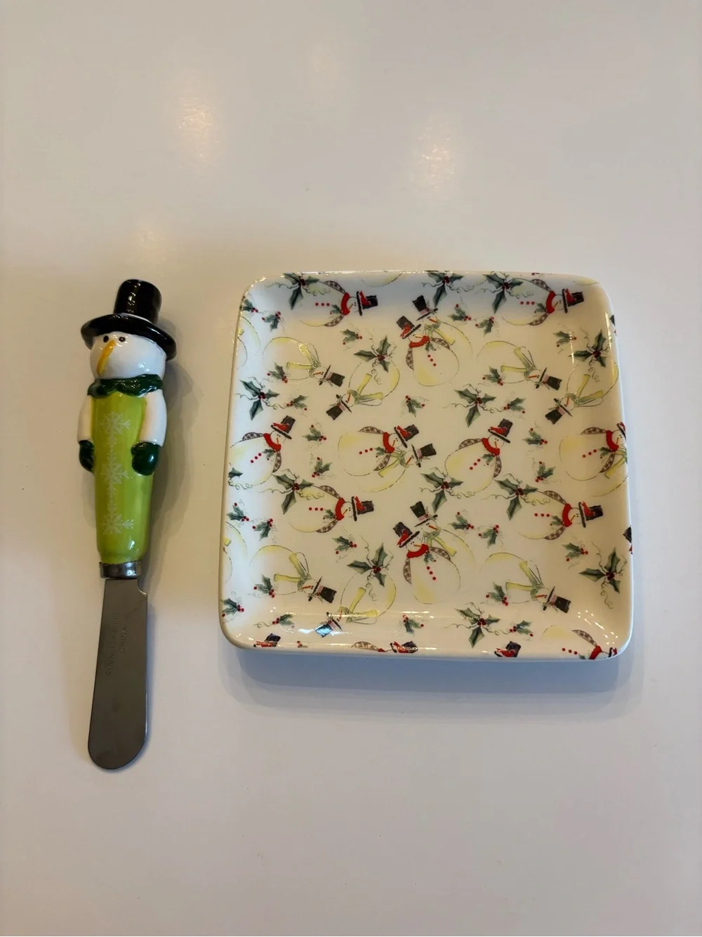 Lime Snowman Cheese Spreader with Ceramic Tray